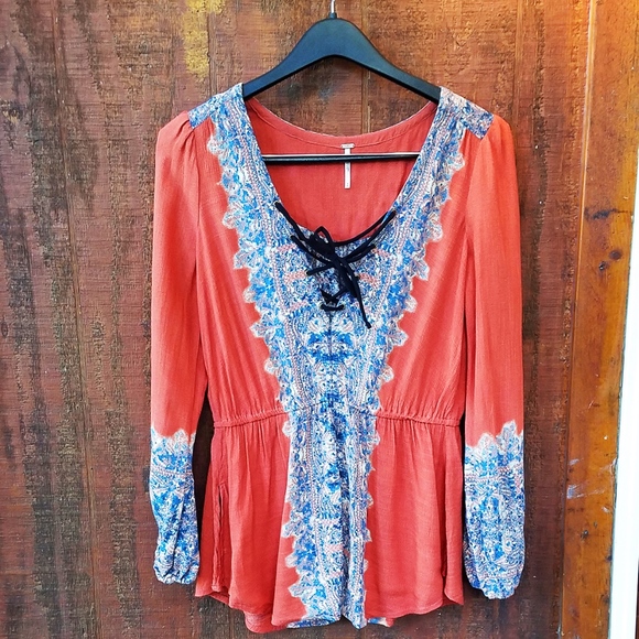 Free People~Orange and Blue~Peasant Top~Medium - Picture 4 of 8